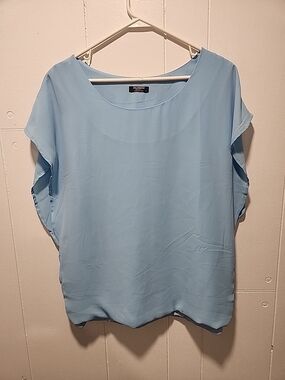 Zeagoo Light Blue Relaxed Scoop Neck Flutter Sleeve Blouse With Waistband